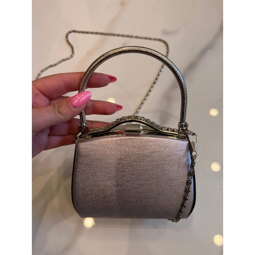 Lavender Satin Rhinestone Evening Bag Mini Handbag‎ Crossbody Silver Chain